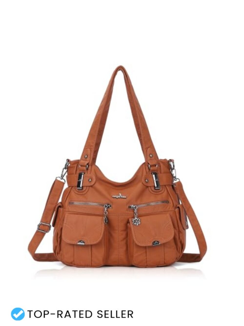 Large Double Zipper Multi Pocket Washed Faux Leather Shoulder Bag